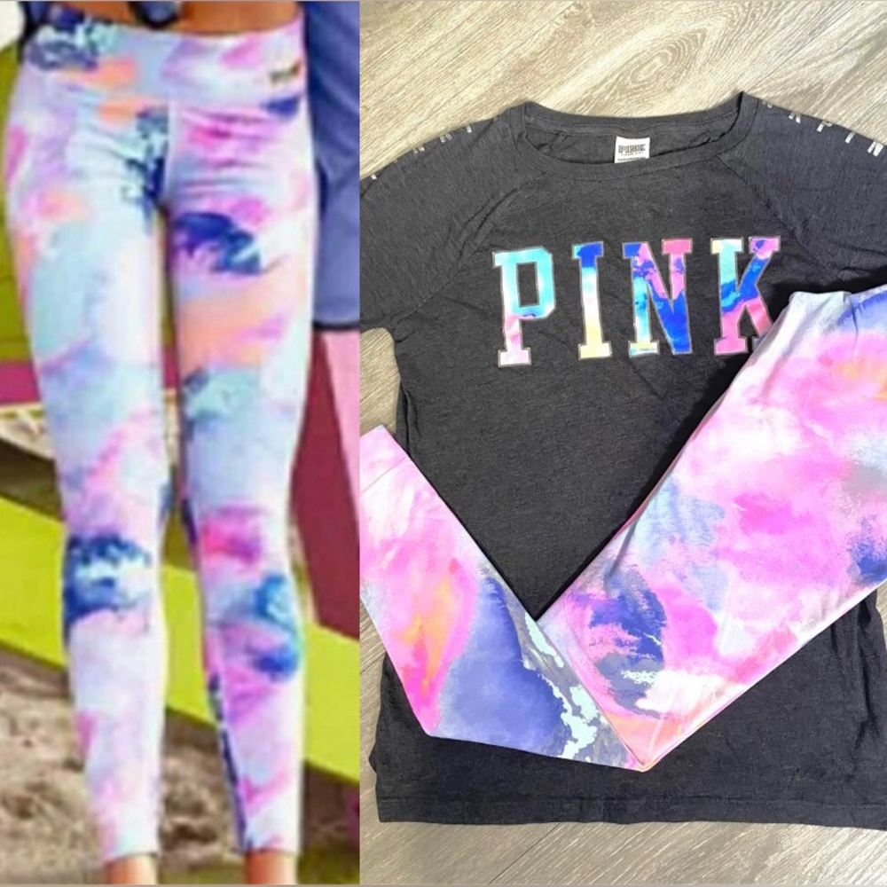 VS PINK RARE WATERCOLOR ULTIMATE LEGGINGS AND MATCHING GRAY TEE! Tie Dye XS EUC